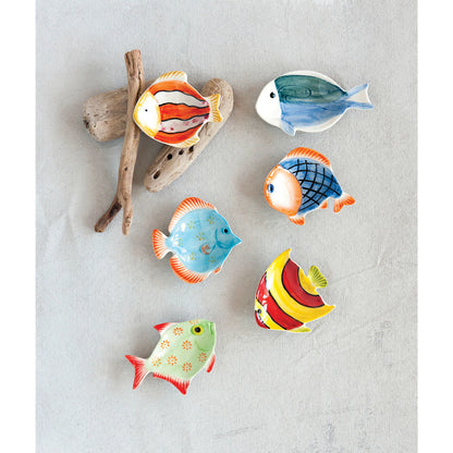 6 styles of mini fish dishes arranged with drift wood bits on an off-white background.