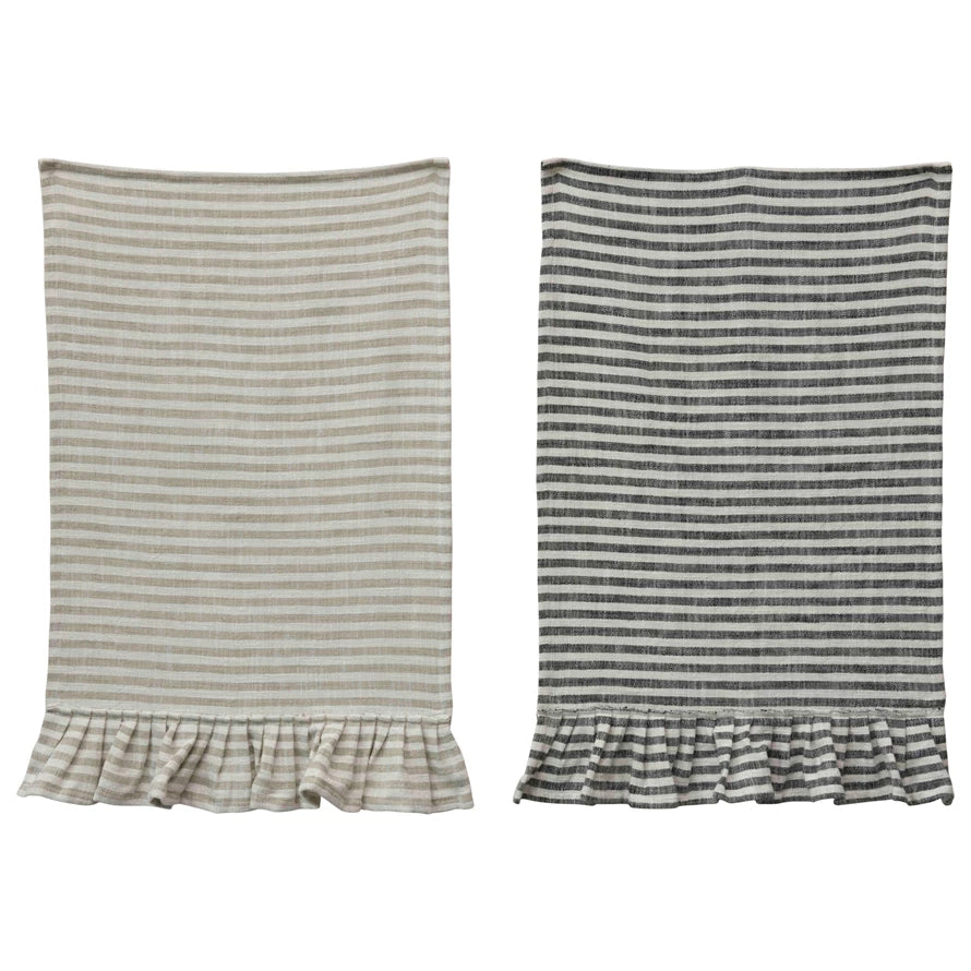 one natural and one black striped cotton tea towels with ruffles on a white background