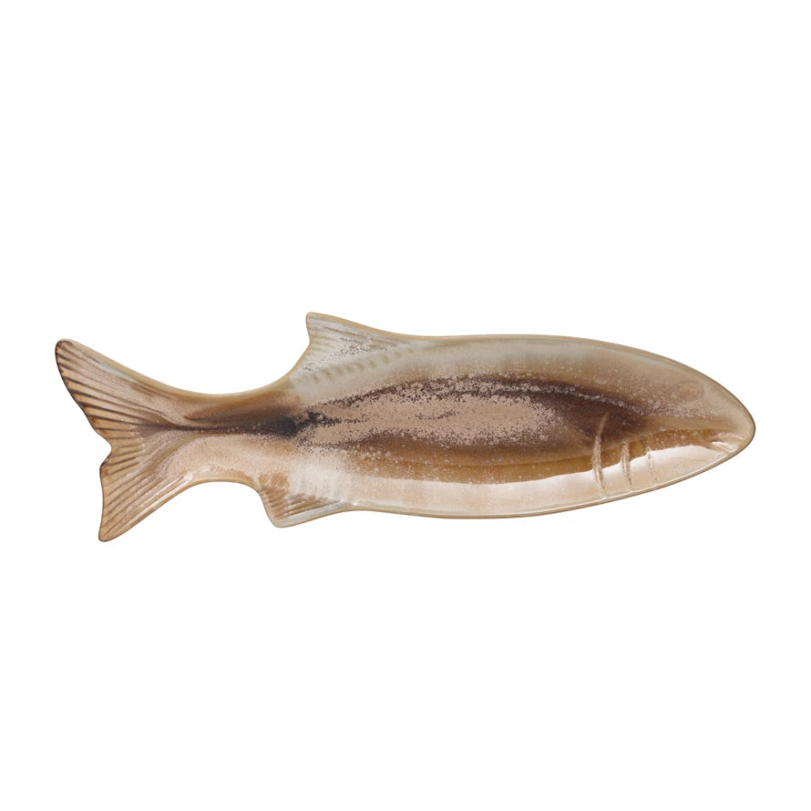 stoneware fish shaped dish has colors of tan and browns displayed on a white background