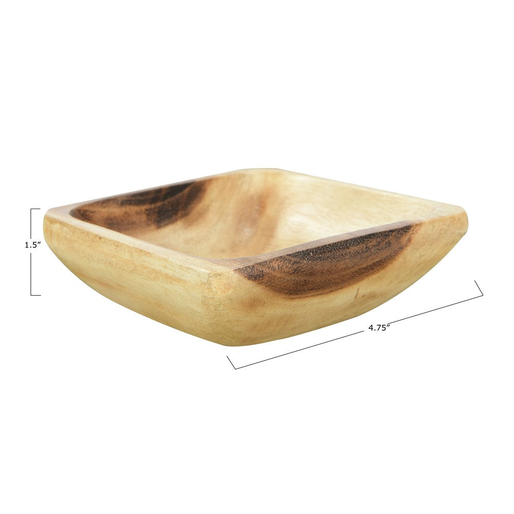 a square acacia wood bowl with depiction of sizing also listed in description on a white background