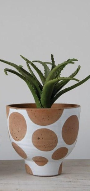 terracotta planter with matte white glaze and exposed terracotta circles of various sizes with an aloe plant in it.