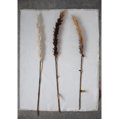 three faux flocked grass plumes displayed on torn rectangle paper and tin on a white background