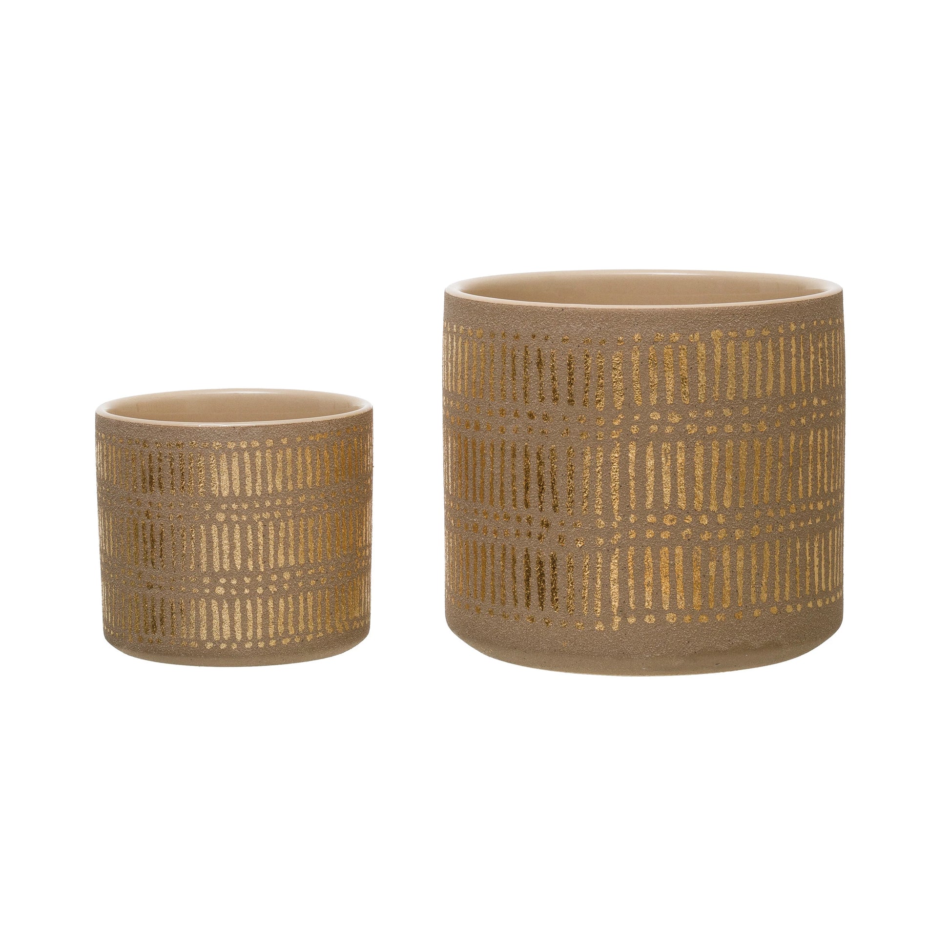 small and large stoneware planters with gold pattern on a white background