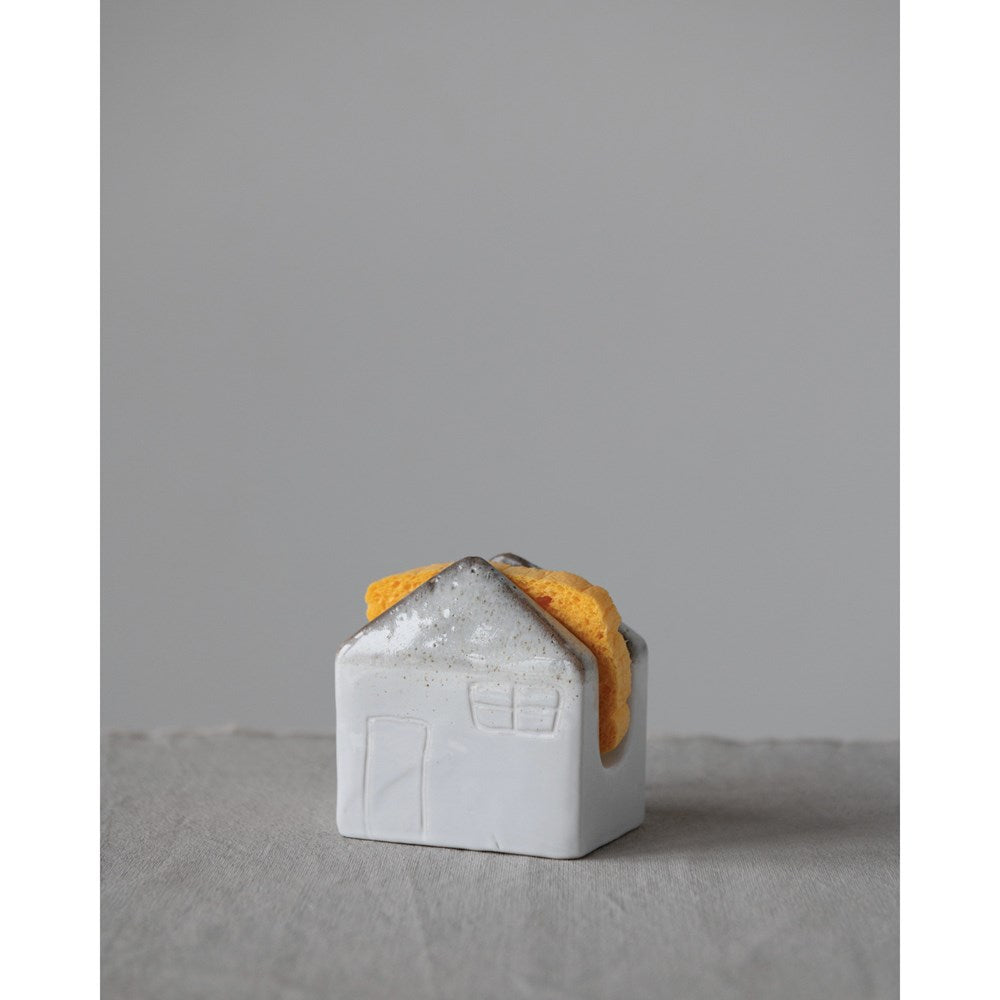 stoneware house sponge holder displayed with a sponge against a gray background