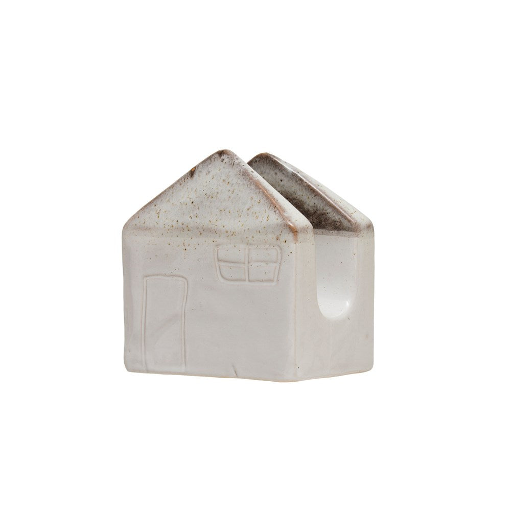 angled view of the stoneware house sponge holder on a white background
