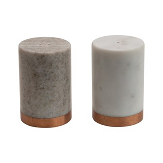 one gray and one white marble shaker set on a white background