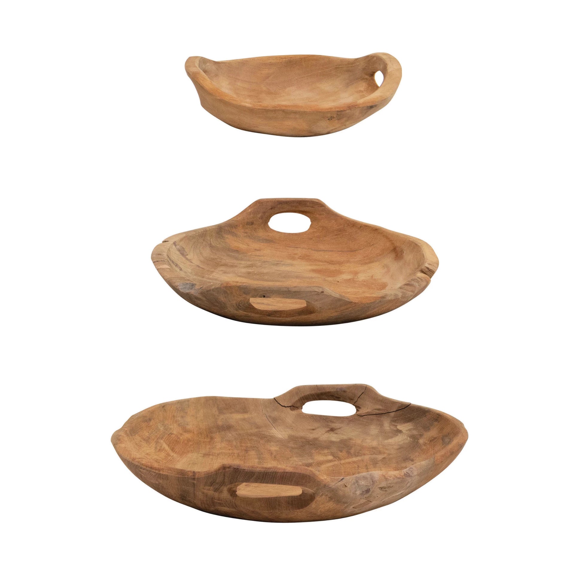 side view of all three sizes of teak wood bowls with handles on a white background