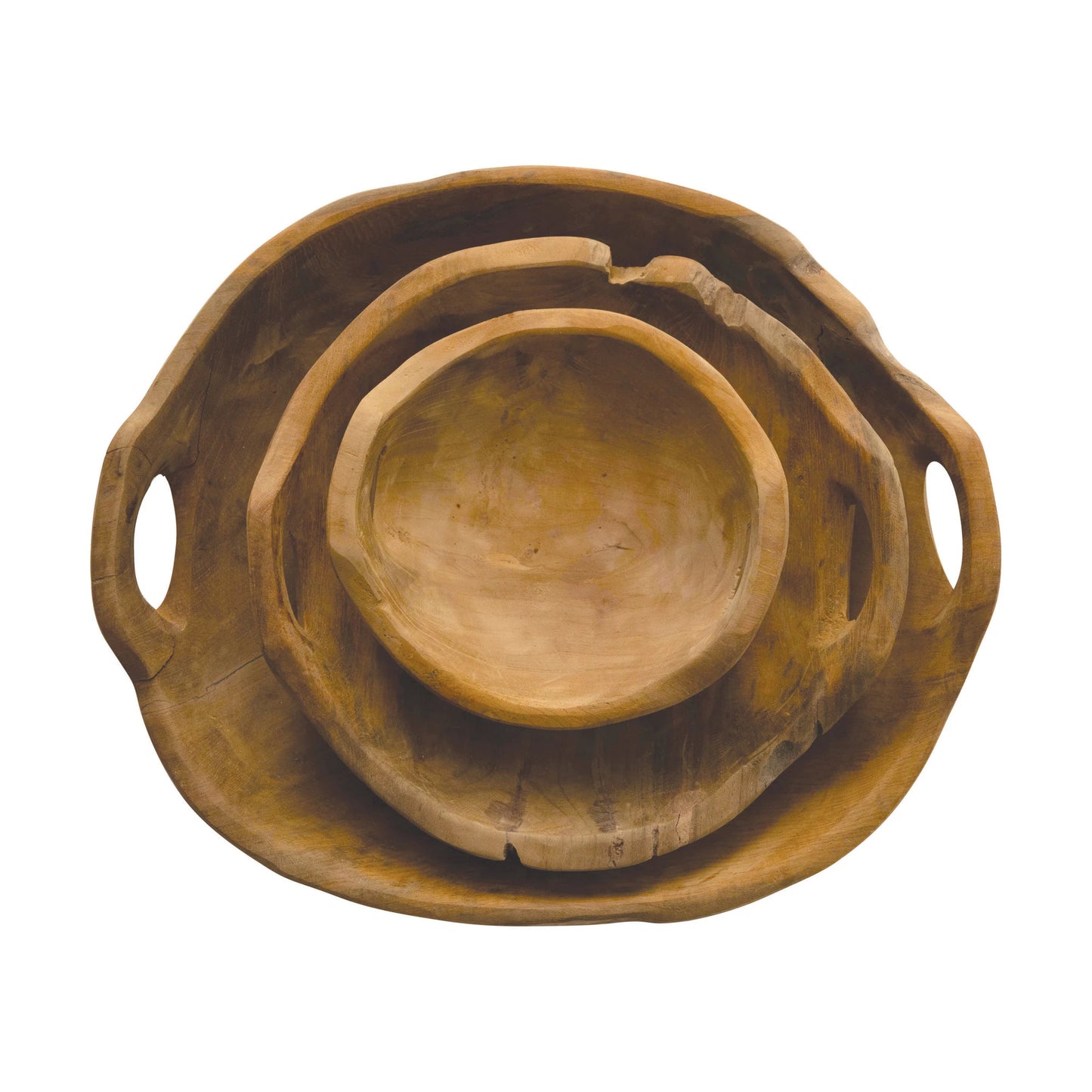 top view of the teak wood bowls with handles stacked on a white background