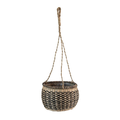 black and natural hand woven hanging basket planter displayed against a white background
