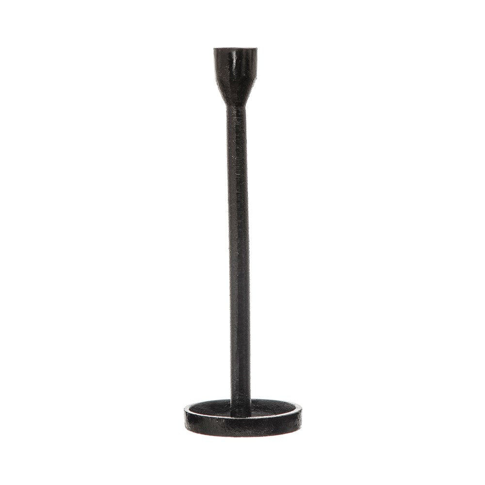 black metal taper holder with wide round base.