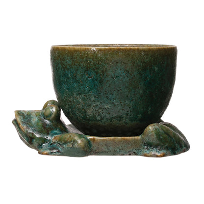 side view stoneware planter with frog base displayed against a white background
