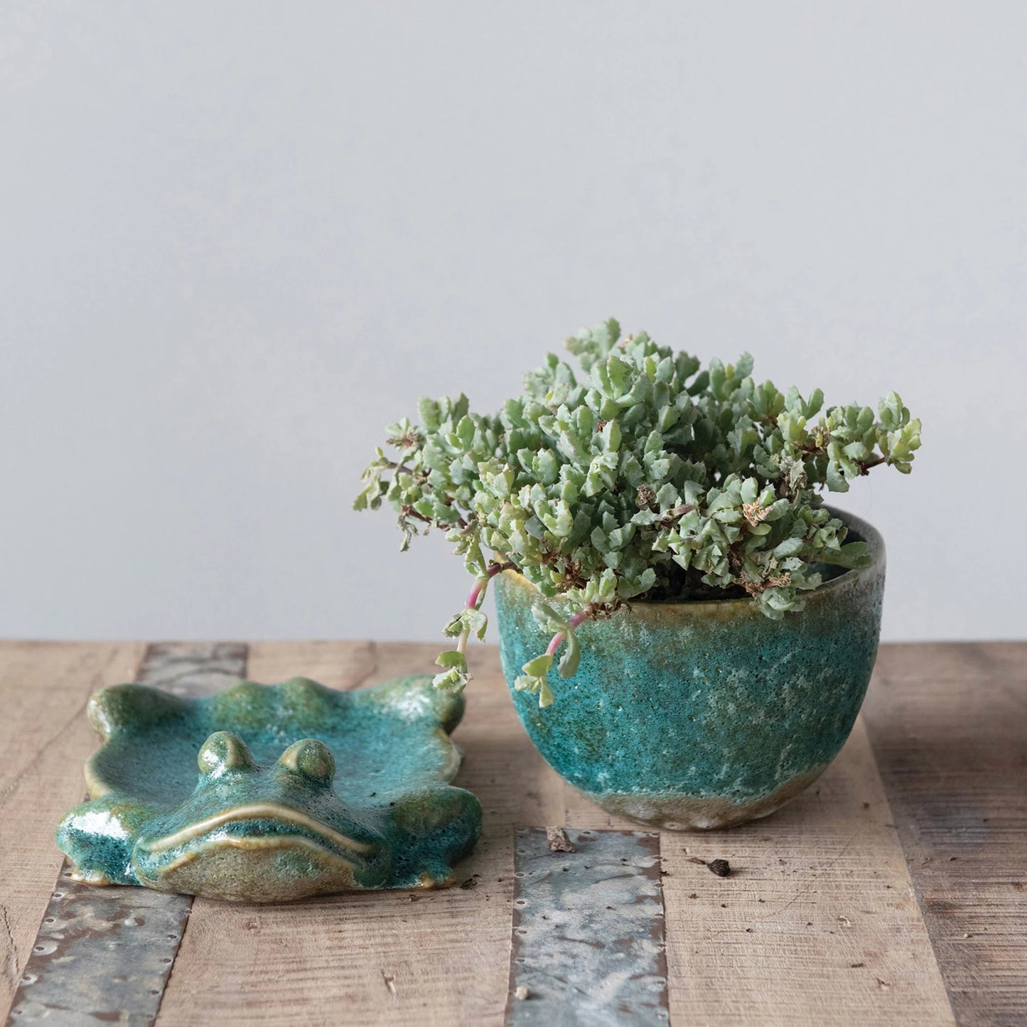 stoneware planter sitting next to the frog base on a rustic wooden surface