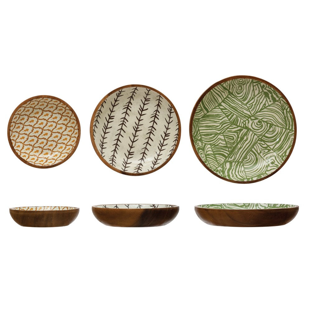 three sizes displayed showing both top view and side view of the enameled acacia wood bowls on a white background