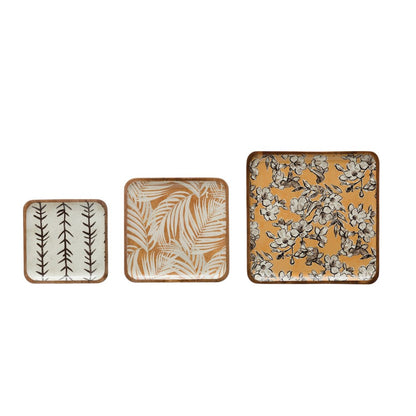 all three sizes of the square enameled acacia wood trays on a white background