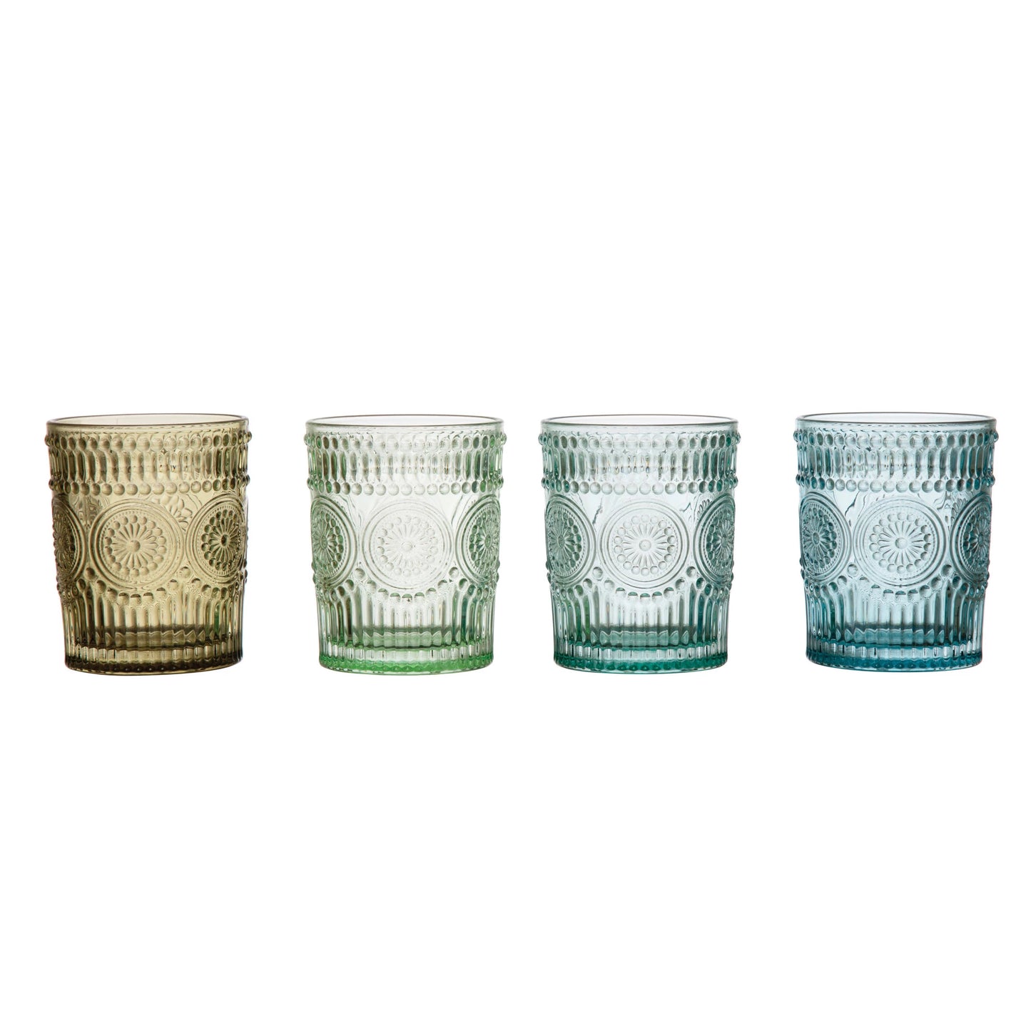 4 drinking glasses in assorted colors in a row on a white background.