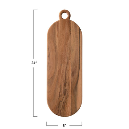 oval acacia cutting board with handle with sizing chart also listed in description