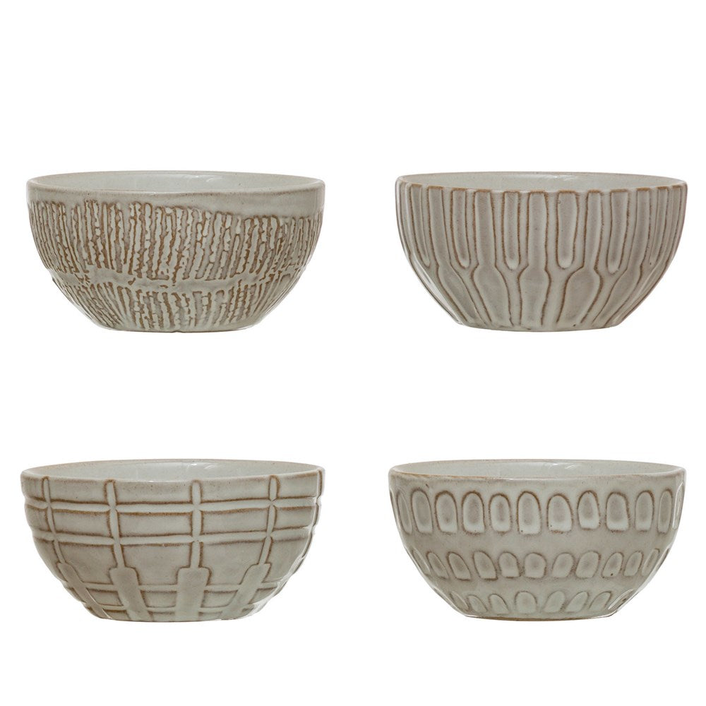 all four patterned stoneware bowls on a white background