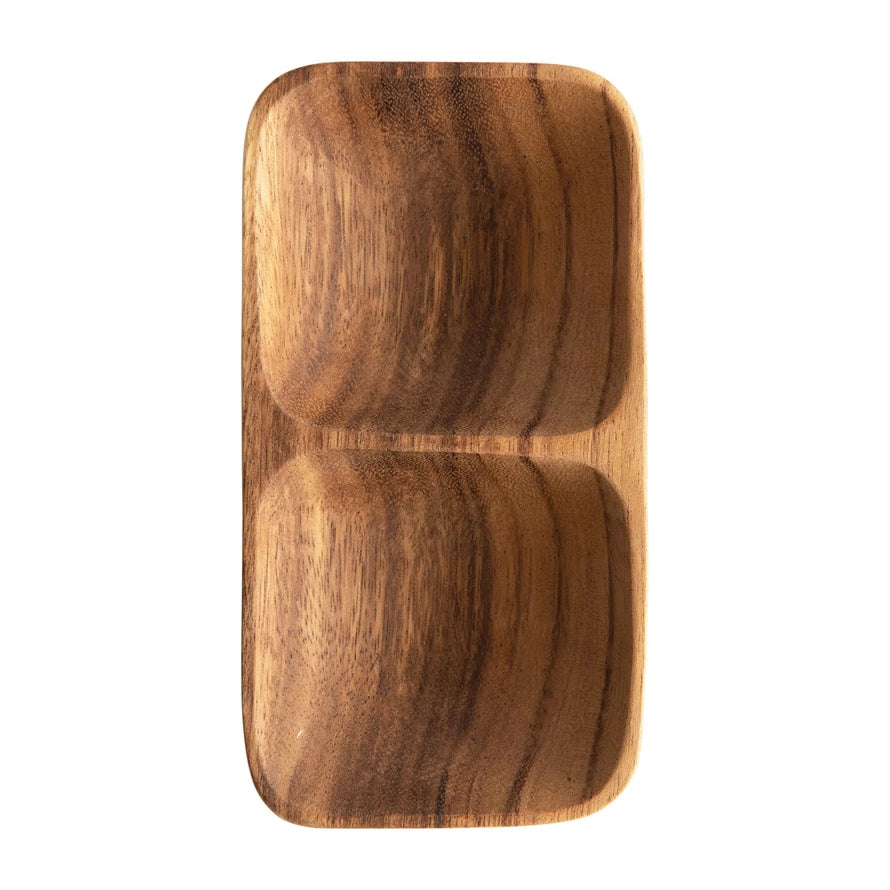 top view of the acacia wood two section tray on a white background