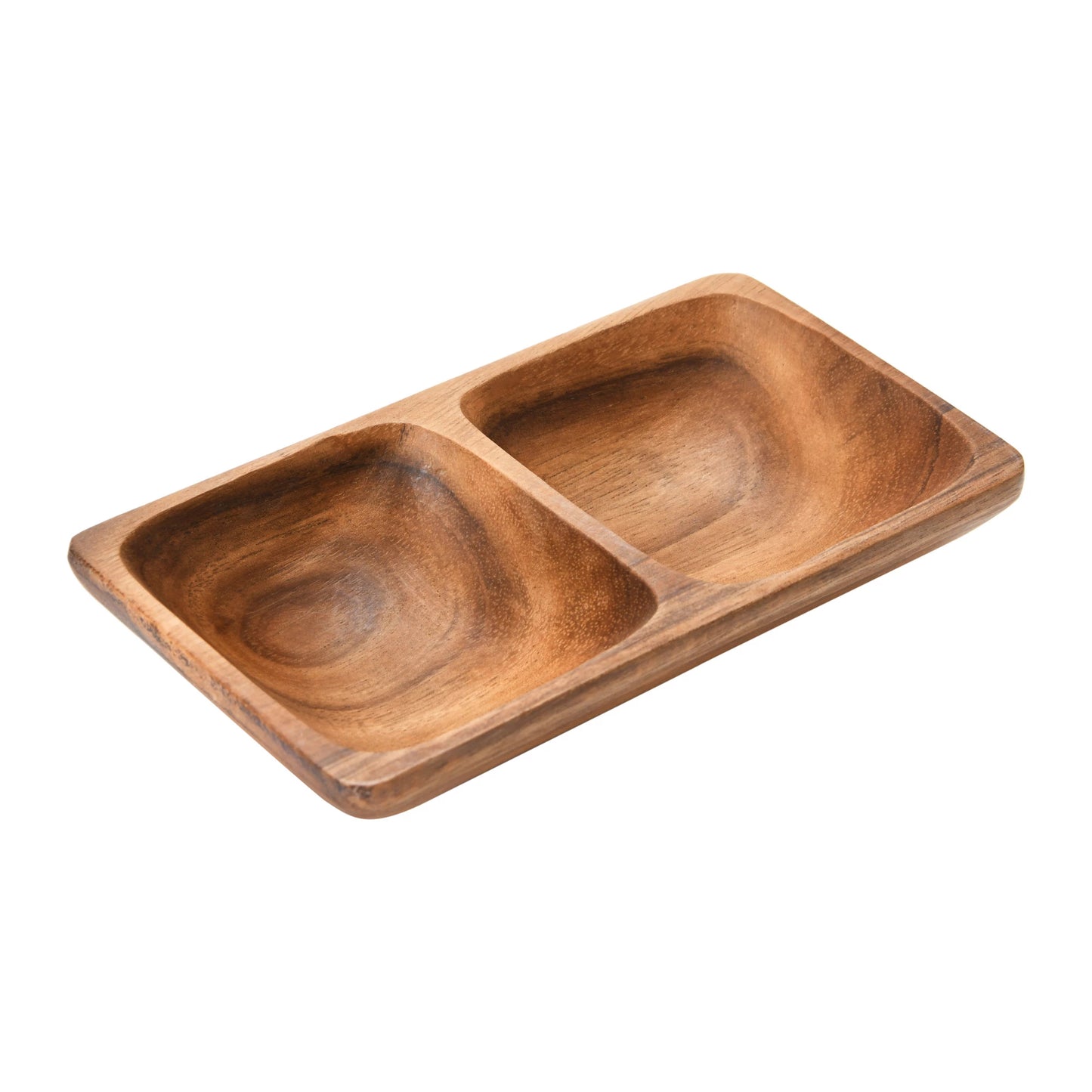 angled view of the acacia wood two section tray on a white background