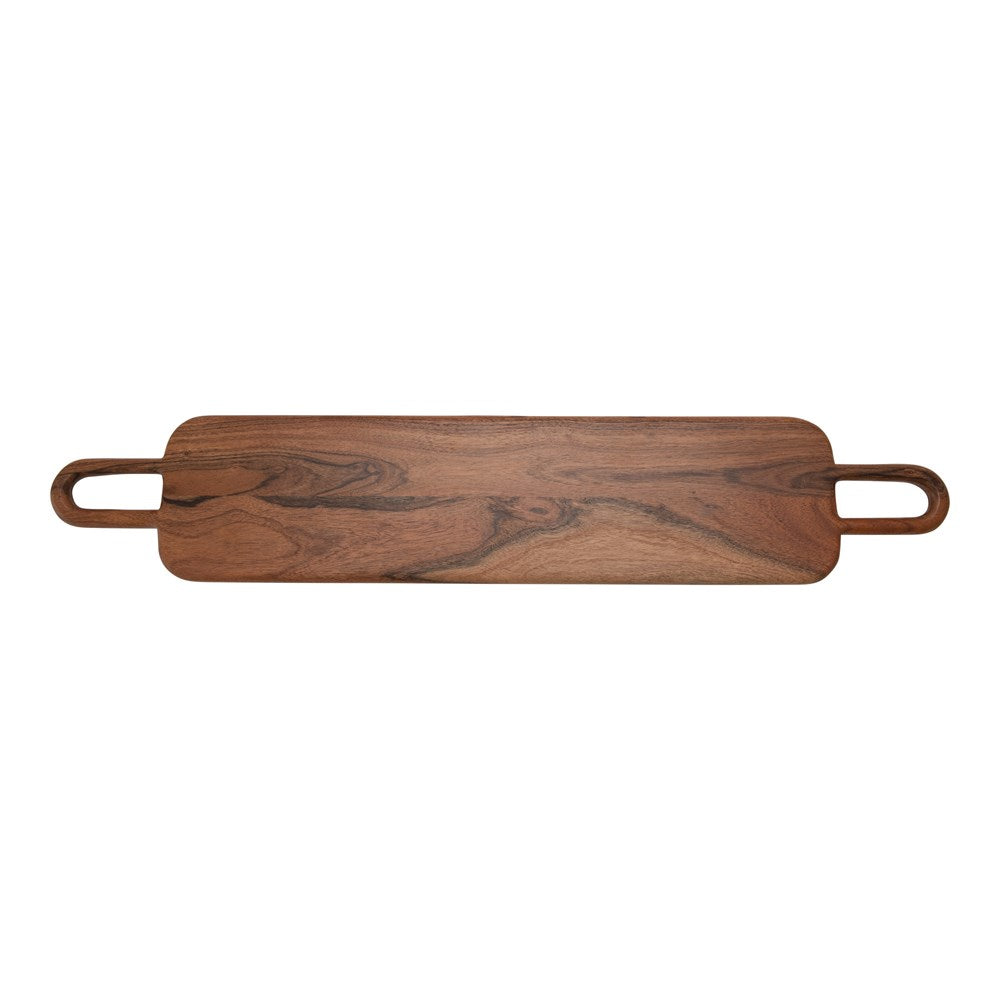top view of the wood cheese board with handles on a white background