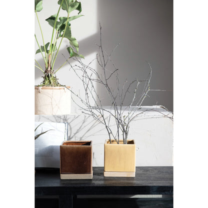 planters set on a side table, one is filled with branches.