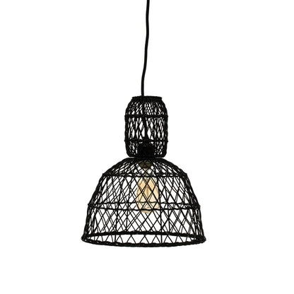 woven rattan and metal pendant lamp hanging against a white background