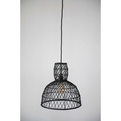 woven rattan and metal pendant lamp hanging against a light gray background