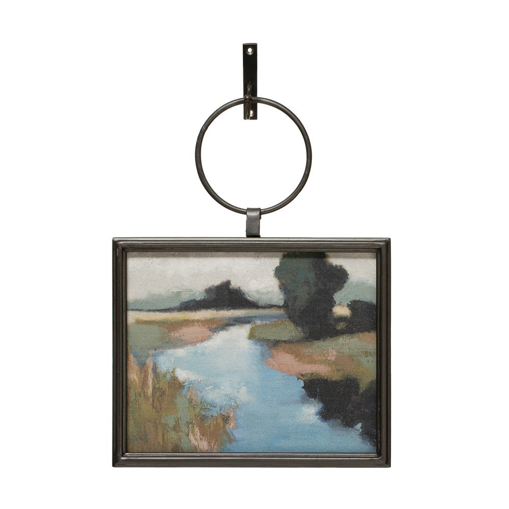 landscape art with metal frame on a white background