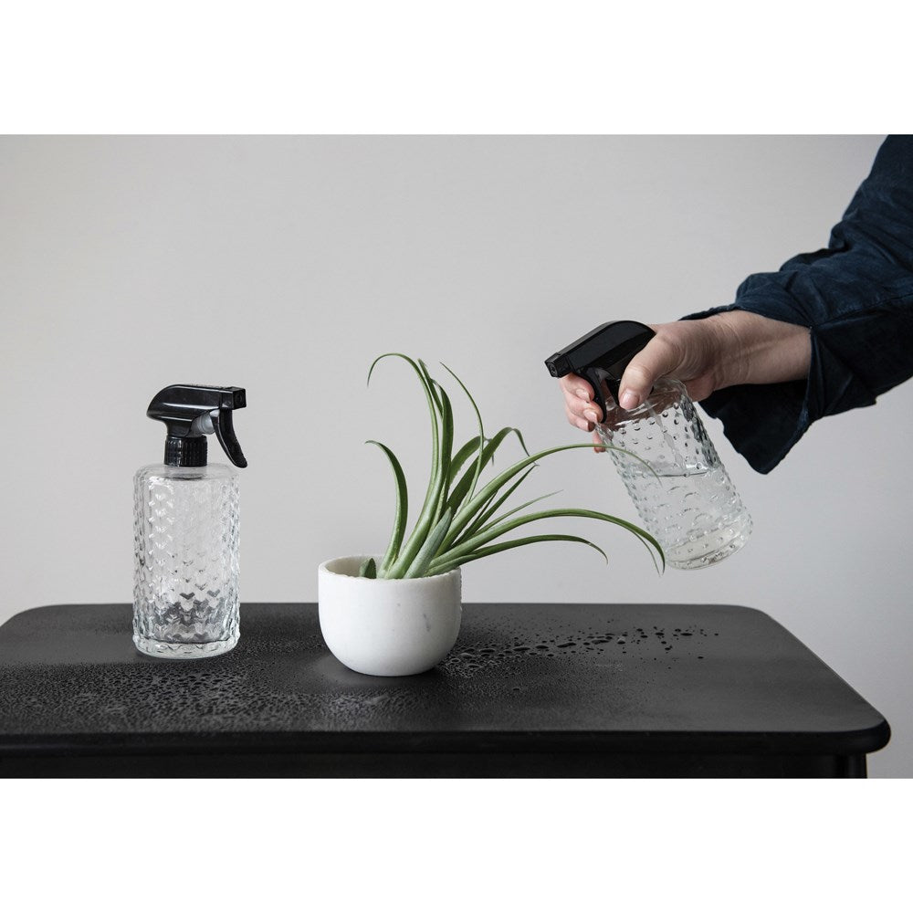 illustration of a person using the glass spray bottle to water a plant sitting on a dark table next to another spray bottle against a gray background