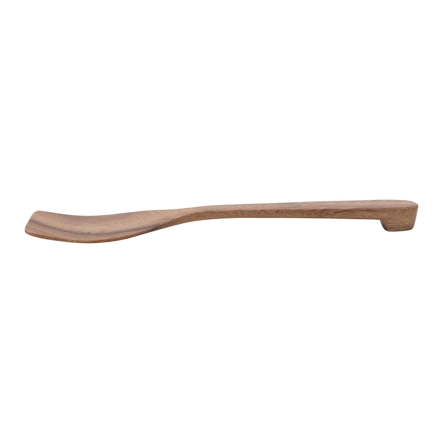 side view of the carved acacia wood spatula on a white background