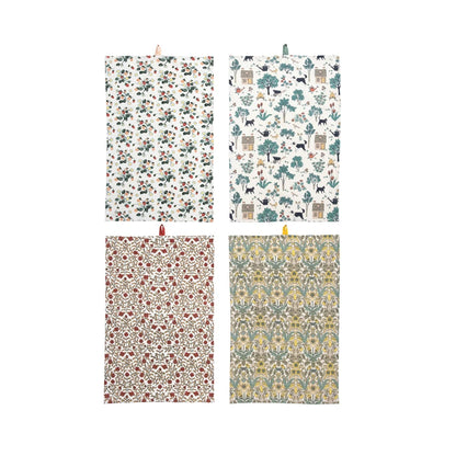 4 white dishtowels on a white background. 1 has a petite strawberry design, 1 a garden pattern, 1 has red flowers and green leaves, 1 has  yellow flowers and green-grey leaf pattern.
