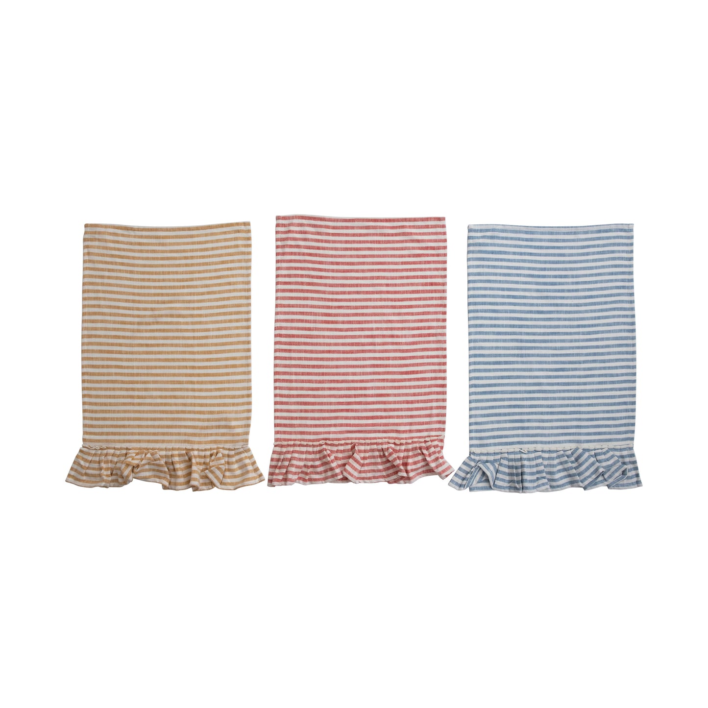 three different colored striped cotton tea towels with ruffles folded on a white background