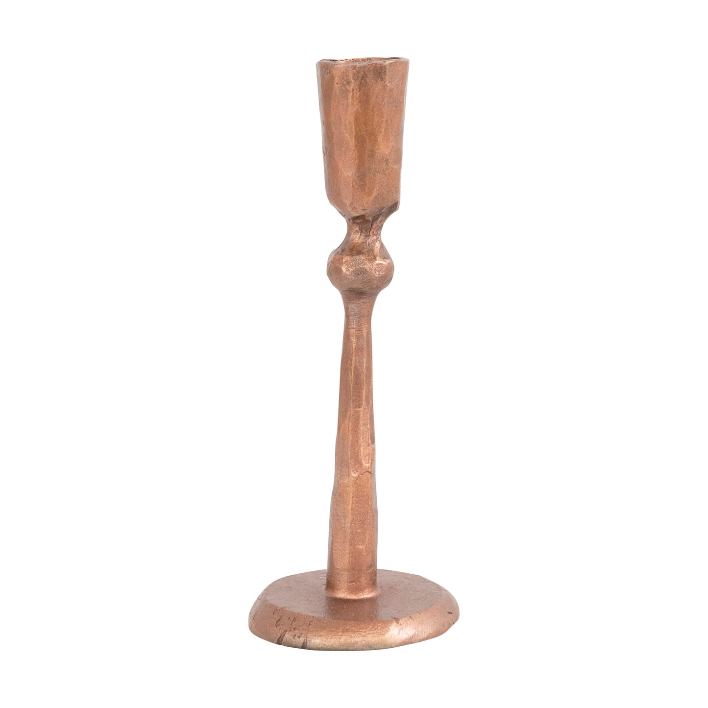 large iron taper holder with copper finish on a white background