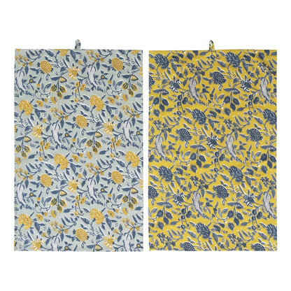 blue a yellow cotton tea towels with floral patterns on a white background