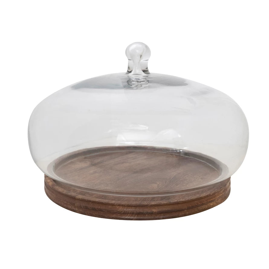 cloche with mango wood base on a white background