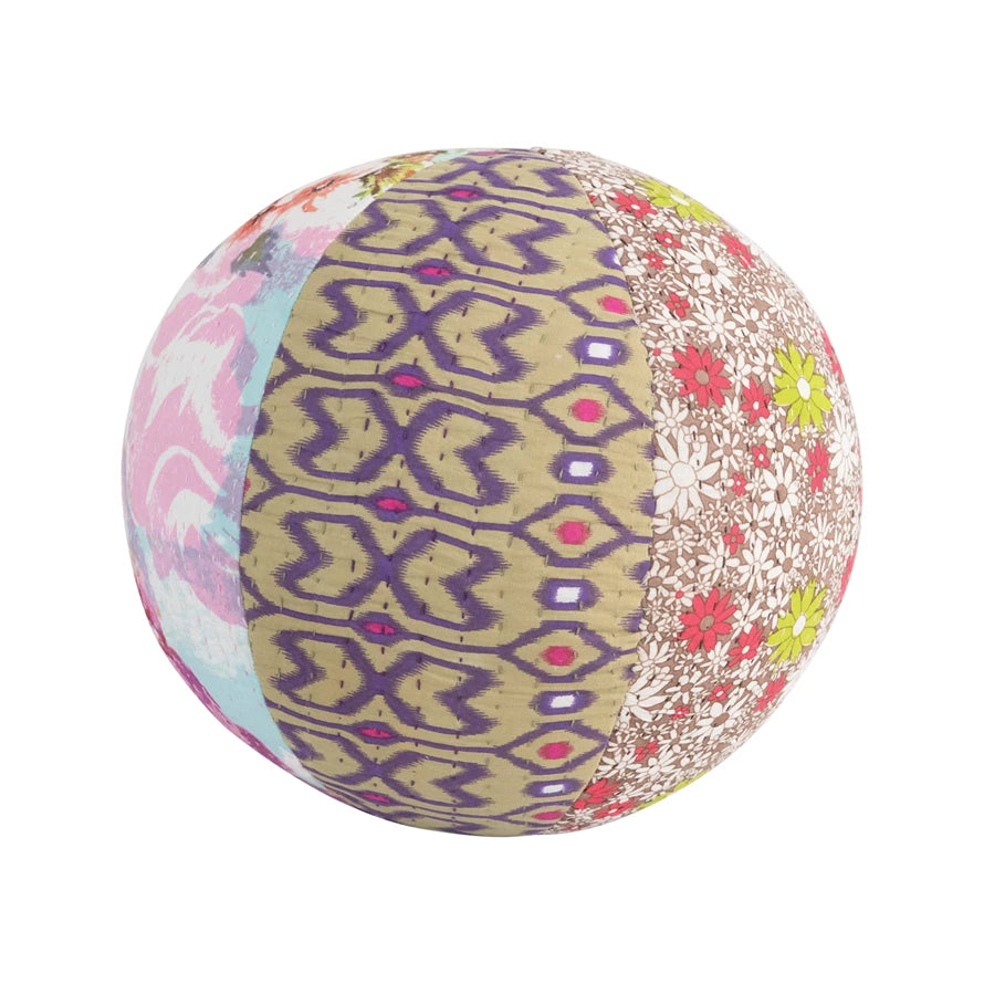multi pattern kantha fabric patchwork orb pillow displayed against a white background