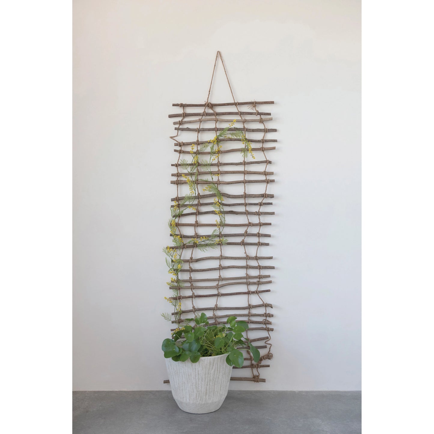 wood and jute wall trellis hanging on a white wall with vines growing up it in front of a flower pot