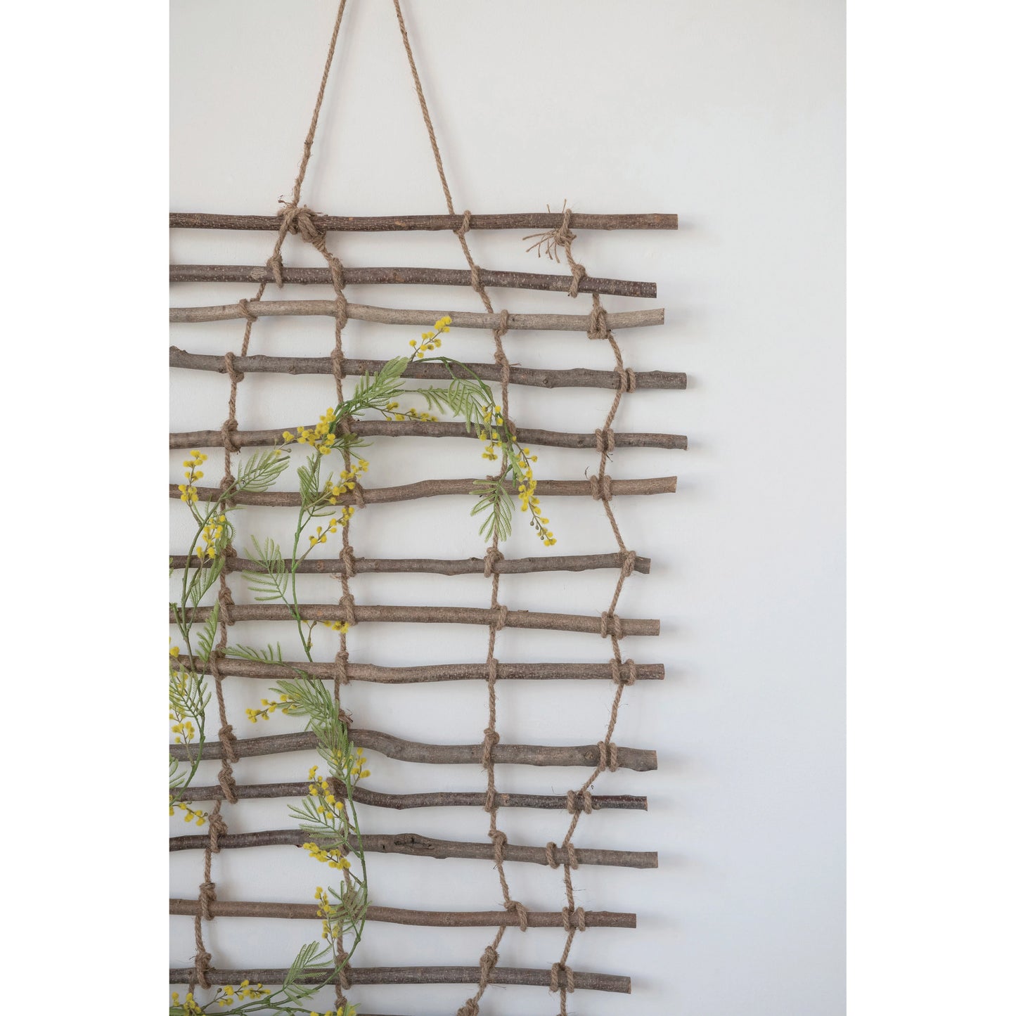close up view of the wood and jute wall trellis with a vine growing on it against a white wall