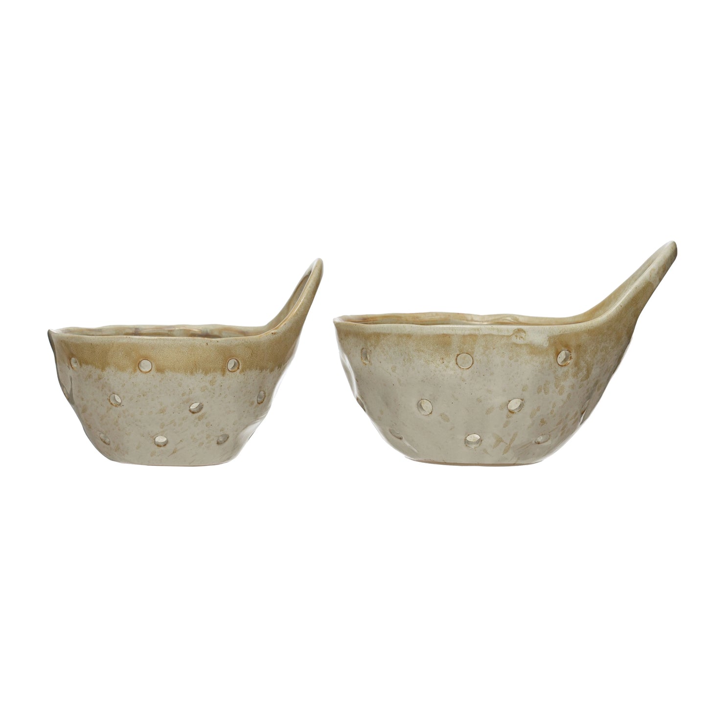 side view of the small and large stoneware colanders with handles on a white background