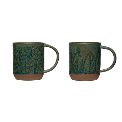 two different pattered debossed stoneware mugs on a white background