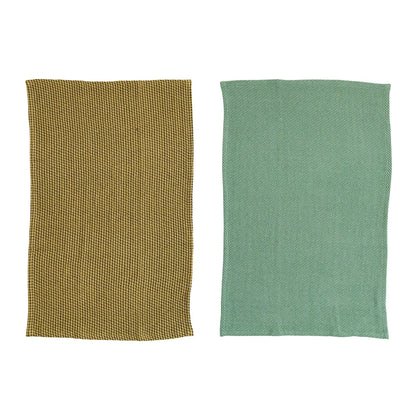 2 dishtowels, 1 olive green, the other blue green, laying flat.