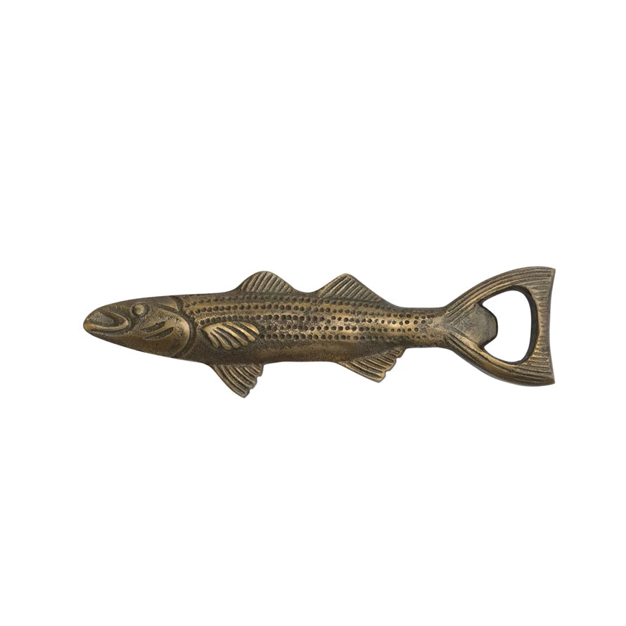 fish shaped bottle opener that opens bottles with the end of the fish tail.