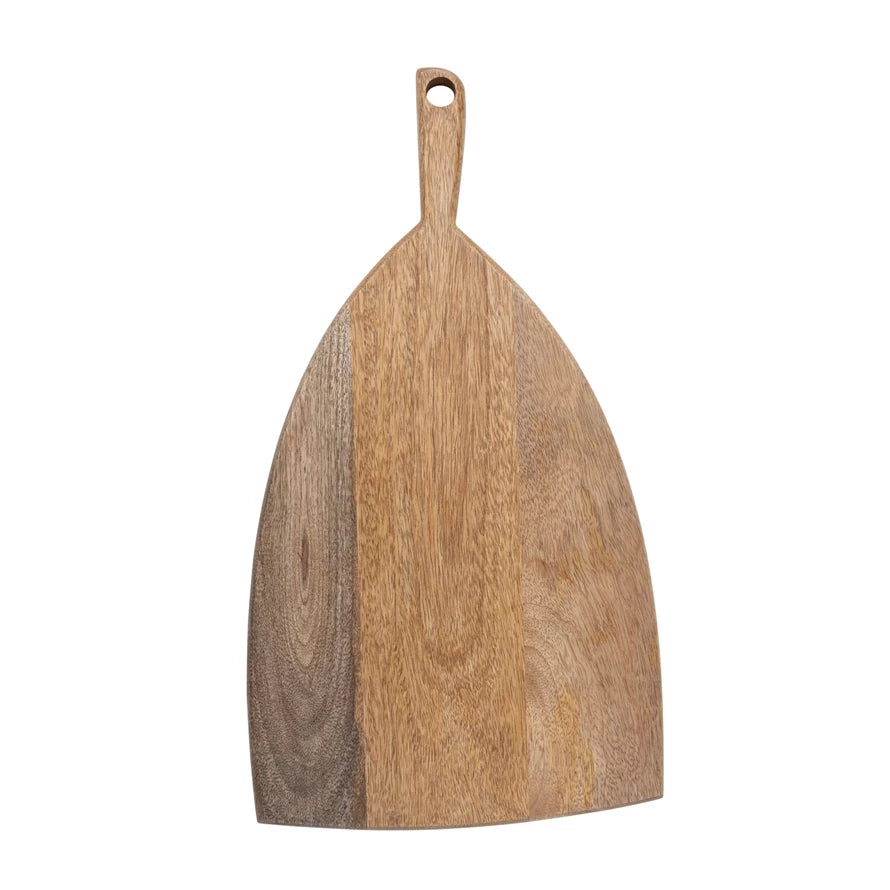 mango wood paddle board with handle displayed on a white background