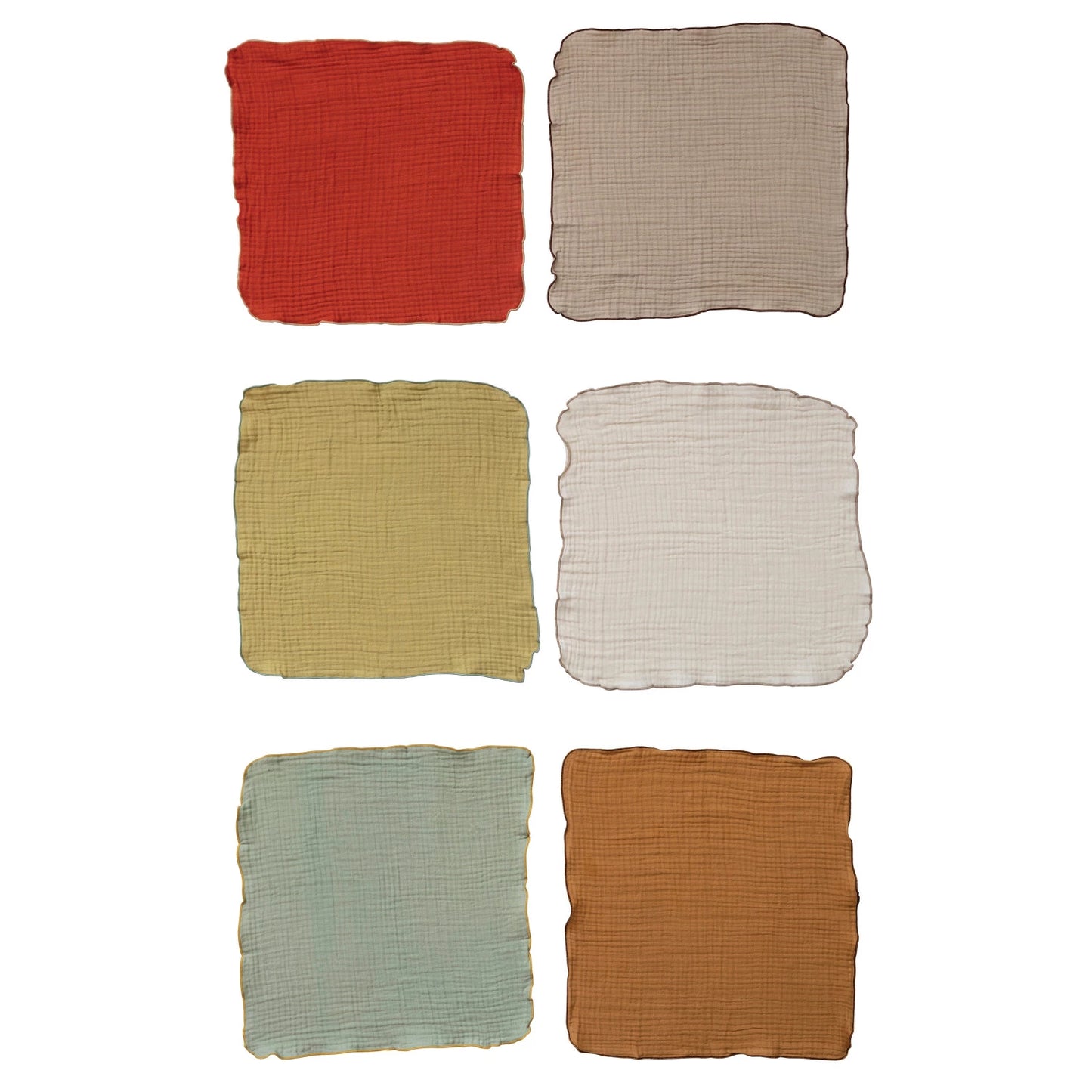 all six colors of contrasting stitched edge cloth napkins laying unfolded against a white background