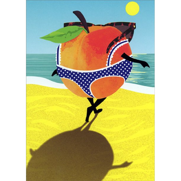 front of  card is a drawing of a peach in a bathing suit walking on the beach 