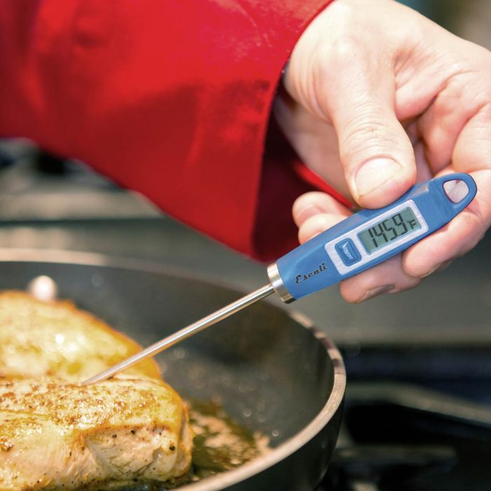 a person using the gourmet digital thermometer in food cooking in a skillet on a stovetop 