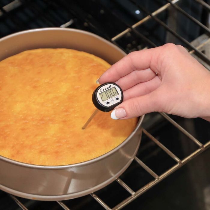 the digital pocket thermometer being used on a cake  sitting on an oven rack
