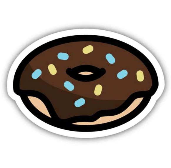 sticker on white background. sticker has graphic of doughnut with chocolate glaze and blue and yellow sprinkles.