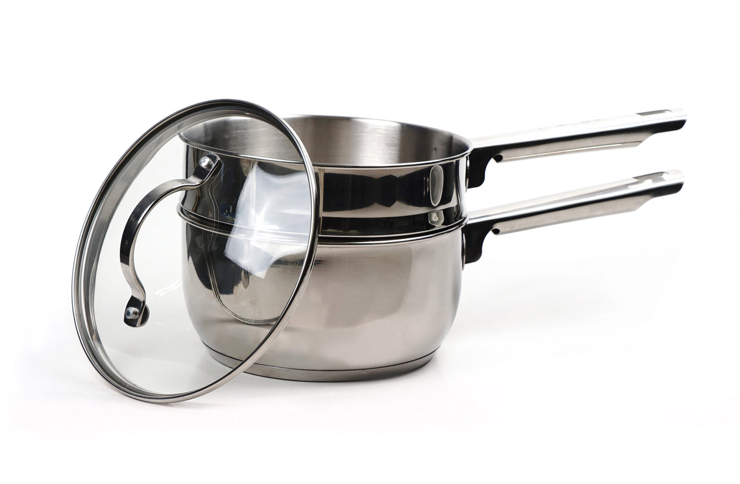 Double Boiler with lid leaning on it on white background.