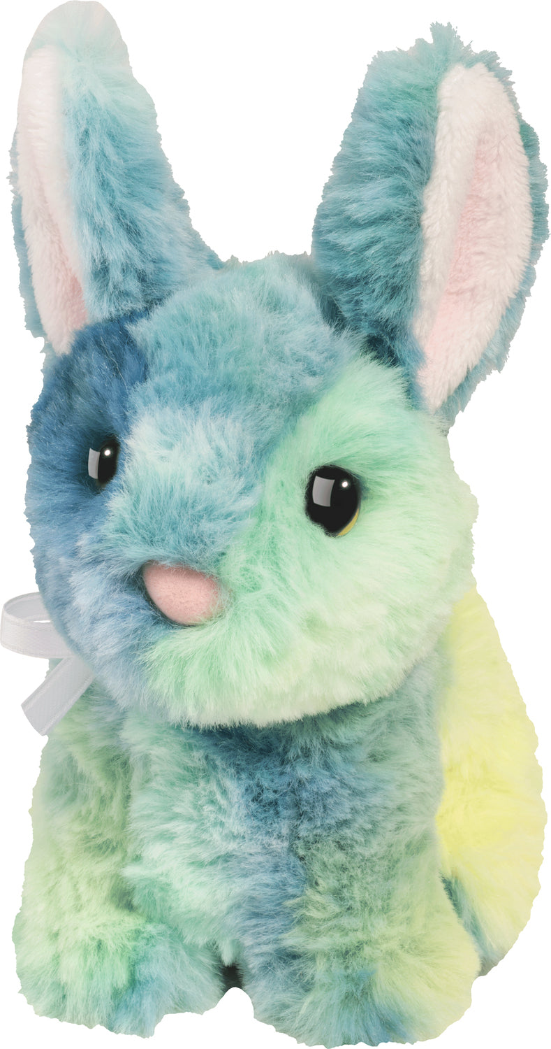 lime green and blue tie dye bunny displayed on a white background